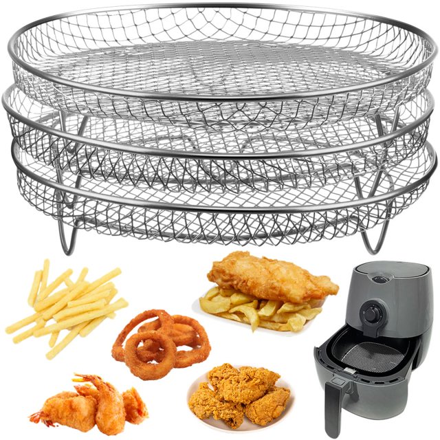 Air Fryer Racks, three stackable 7.8-inch stainless steel racks designed for 4.2QT to 5.8QT air fryers, shown in a front-facing view. The racks feature a mesh design for optimal air circulation and are displayed stacked together to maximize space utilization. Suitable for use with Ninja, Gowise, and Phillips air fryers, as well as ovens and pressure cookers. The image also includes fried food items like onion rings, shrimp, and chicken, alongside a grey air fryer for context.