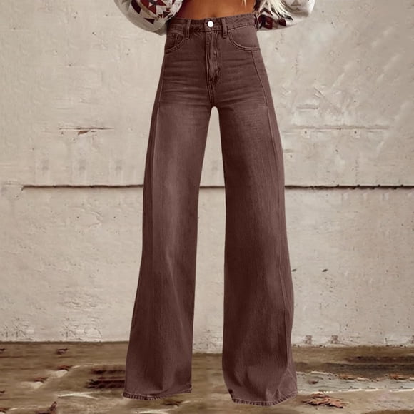 LOVZFMLL Women's Jeans, Casual Straight Leg Jeans with Button Pocket Pants Brown, S
