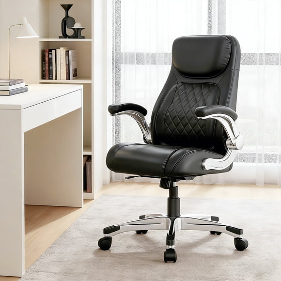 Nouhaus Ergonomic Executive Office Desk Chair with Lumbar Support, Flip-up Armrests, Adjustable Height, Black Leather