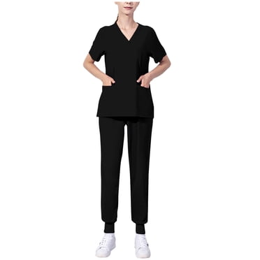 Pisexur Scrubs for Women Set Solid Color V Neck Short Sleeve Scrubs Tops Yoga Jogger Scrub Pants for Women Casual Stretch Nursing Working Uniform Sets with Pockets