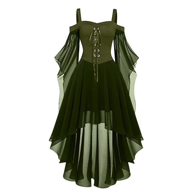 Robes de Style Gothique pour Femmes Grande Taille, Robe Midi Mode avec Corsage Style Corset, Manches Longues Évasées et Ourlet Asymétrique en chiffon. la Robe Est Conçue dans une Couleur Unie Vert Foncé, Idéale pour les occasions Décontractées, de Fête Ou de Vacances. Fabriquée en Tissu chiffon Léger, Elle Offre une Coupe Respirante et Fluide, Parfaite pour l'Été.