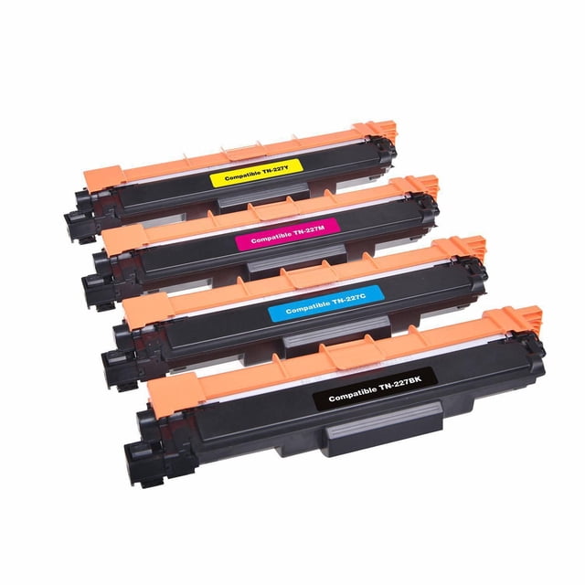 L-ink Compatible TN227 Toner Cartridge Set (TN-227)(BK, C, M, Y) with four toner cartridges in black, cyan, magenta, and yellow featuring orange protective clips, arranged diagonally on a white background, compatible with Brother laser printers and certified for clear, crisp print quality.