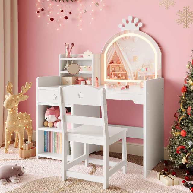 Twister.CK Kids Vanity with LED Mirror, 2-in-1 Princess Makeup Vanity Desk & Chair Set for Little Girls, Toddler Vanity Table, Storage Cabinet & Shelves, White