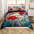 thumbnail image 1 of Housse de Couette Grand Lit Coquelicot Rouge, Housse de Couette Libellule Fleurs Rouges Jardin Rustique pour Adultes Ados, Ensemble de Literie Patchwork Style Vitrail Artistique (Sans Couette), 3 Pcs, 1 of 6