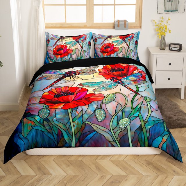 Housse de Couette Grand Lit Coquelicot Rouge, Housse de Couette Libellule Fleurs Rouges Jardin Rustique pour Adultes Ados, Ensemble de Literie Patchwork Style Vitrail Artistique (Sans Couette), 3 Pcs