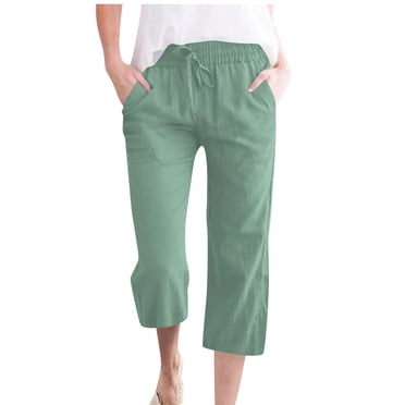 biudgviw Capri Pants for Women Plus Size Elastic High Waisted Straight Leg Cropped Cotton Linen Pants Summer Casual Trousers with Pockets