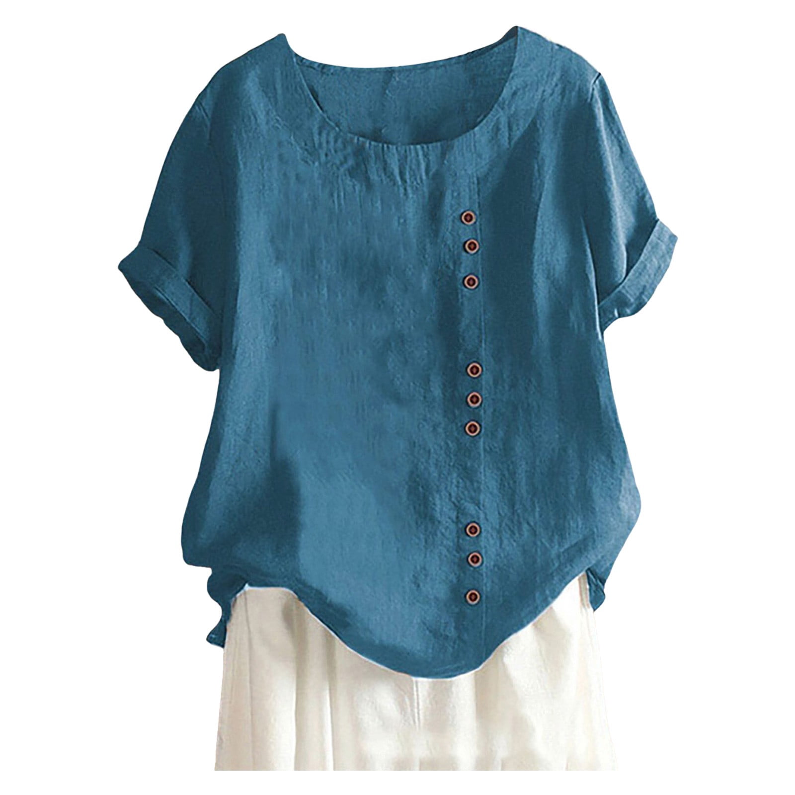 WEIYLL Womens T Shirts Plus Size Linen Loose Tunic Breathable Boho Solid Blue Tees Sizes XXL