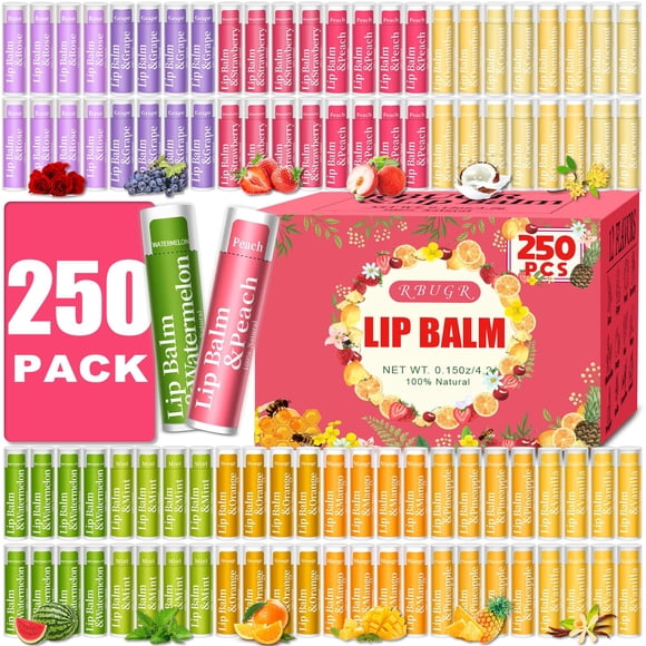 RBUGR 250 Pcs Lip Balm Bulk,12 Fruit Flavored Natural Bulk Lip Balm, Lip Balms Pack with Vitamin E, Lip Balm Gift Set Women Stocking Stuffers Party F
