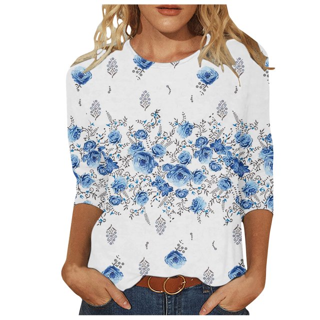 HKEJIAOI Polyester 3/4 Sleeve Tops pour Women Imprimé Graphique Col Rond Tops pour Women 2023