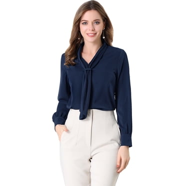 INSPIRE CHIC Women's Long Sleeve Blouses Chiffon Pleated Tie Neck Office Top Shirt S Navy Blue