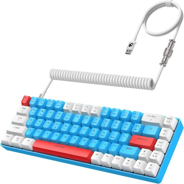 HAOAN T8 Clavier de Jeu 60 % 68 Touches Compact Mini Clavier Mécanique Filaire avec 18 Commutateurs Bleus Rétroéclairés RVB Chroma Câble de Clavier Bobiné USB-C pour PC Portable Mac XBOX - Bleu Blanc