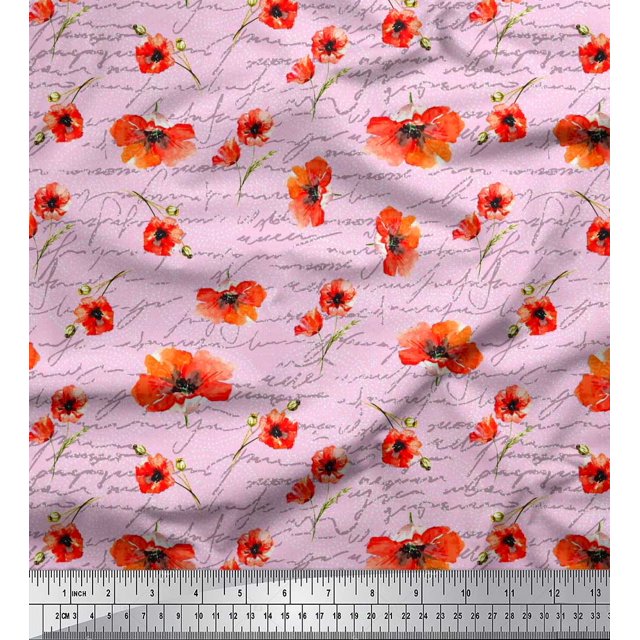 Soimoi Pink Moss Georgette Fabric Text & Poppy Floral Print Fabric by the Yard 42 Inch Wide