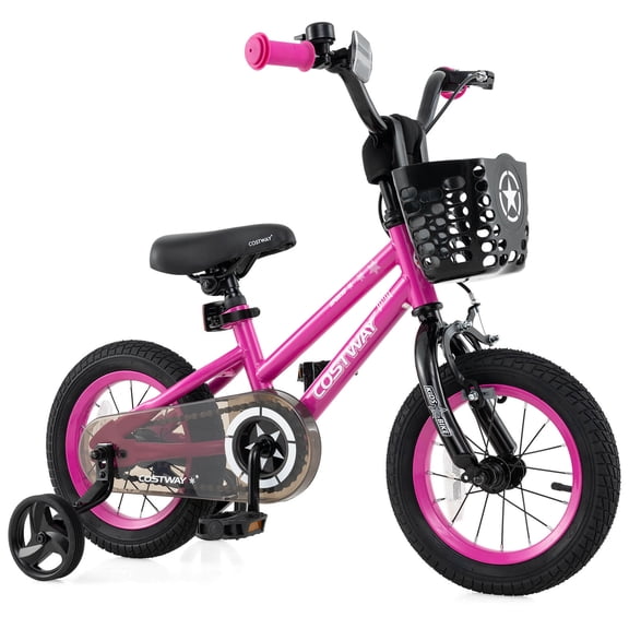 Costway 12" Kid's Bike with Training Wheels Adjustable Handlebar & Seat Handbrake Pink