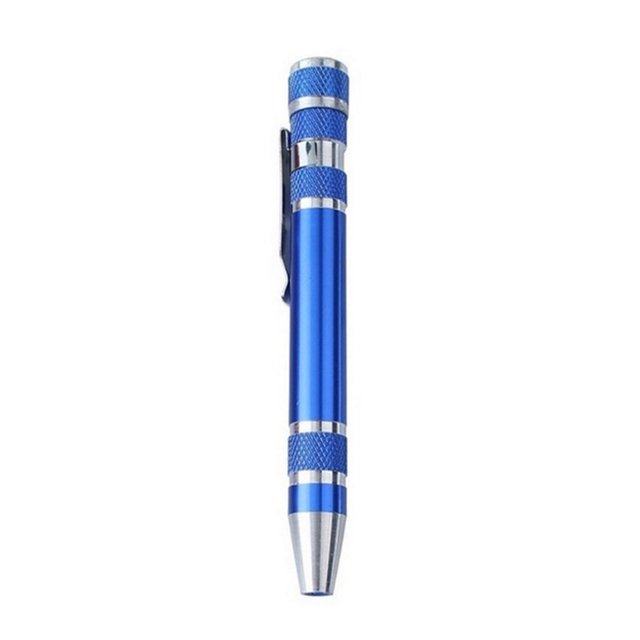 Blue 8-In-1 Multifunctional Screwdriver Aluminum Alloy Pen Style For Glasses Phones Watches Laptops Electronics Jewelry Repair Tool With 8 Bits And Magnetic Tip In Blue