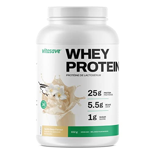 Whey Protein Powder by Vitasave – 100% Whey Protein Powder, 25g Protein Per Serving – Grass-Fed, Gluten-Free, BCAAs, Amino Acids - 26 servings, 858g Tub (Vanilla)