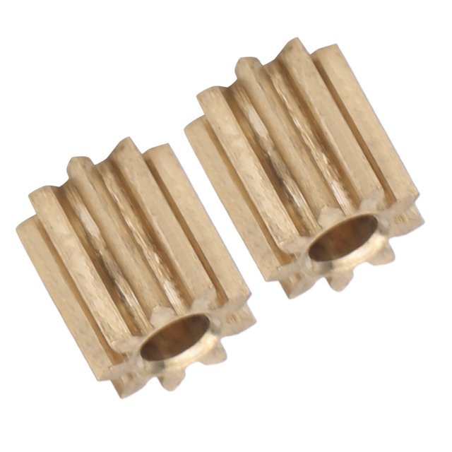 Motor Pinion Engine Gear Brass Gear Cogwheel Pinions Drive Gear, a set of 2 brass pinion gears designed as replacements for Duplo Intelli Lok Module 0.4 with 9 teeth. Each gear has a bore of approximately 1.95mm, a height of 5mm, and a width of 4.85mm. Made from durable brass for high reliability and longer service life, these gears are suitable for models requiring the same drive specifications.