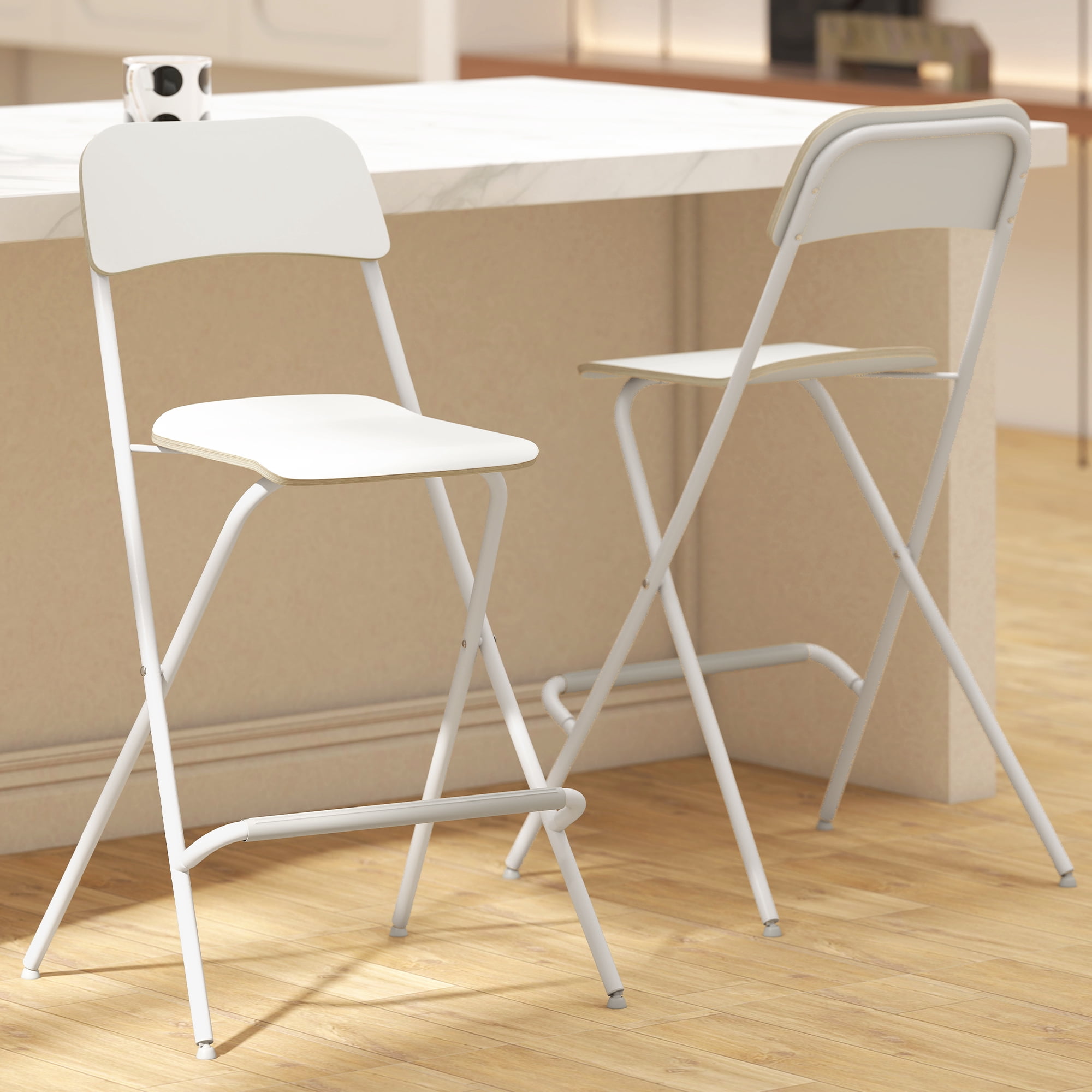 HOMCOM Tabourets de Bar Pliants, Ensemble de 2, Tabouret Pliable avec Repose-Pieds, Blanc