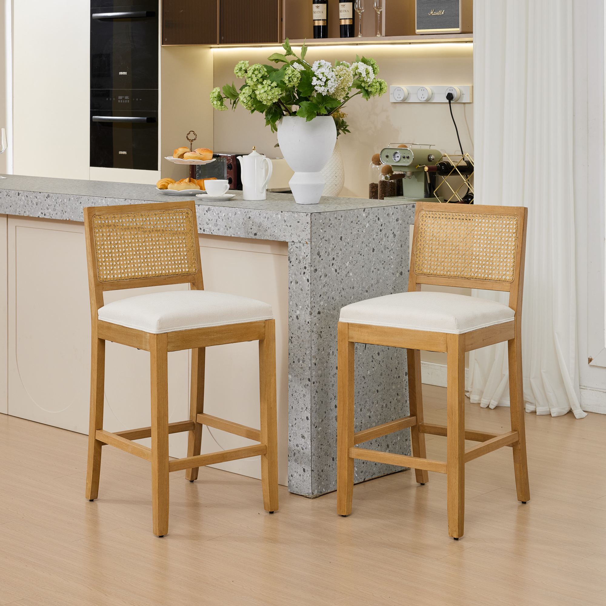 Noble House Full Solid Wood Rattan-Back Bar Stool Set of 2,Matte Linen Cushion with High-Resilience Foam & S-Springs,Beige