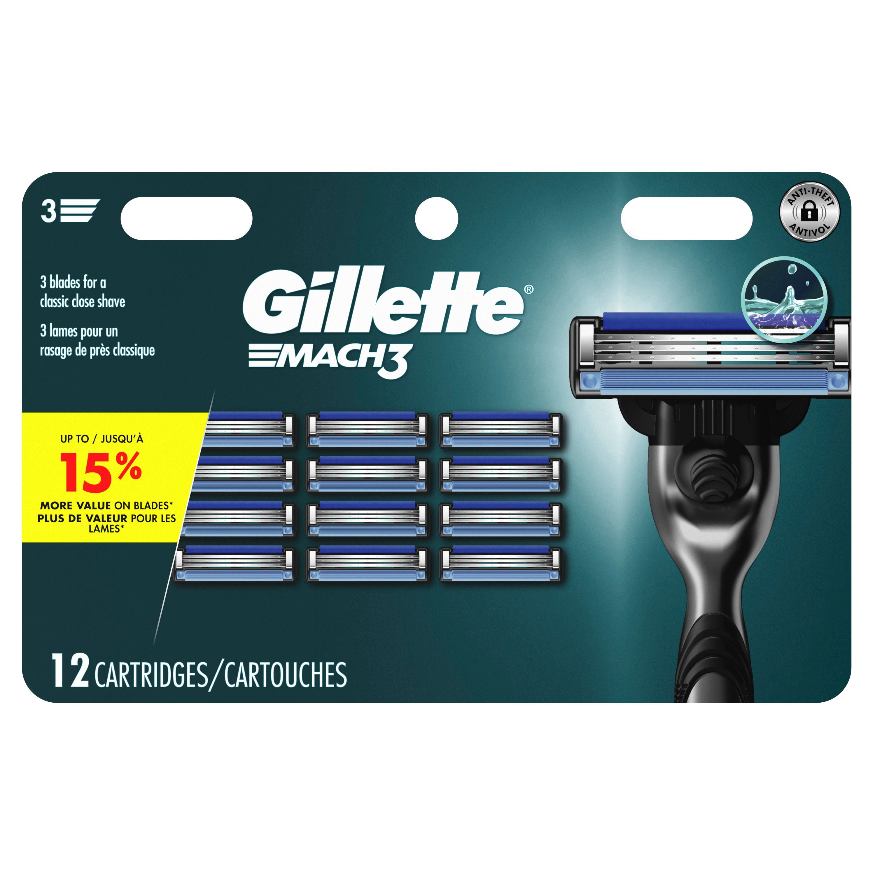 Gillette Mach3 Recharges de Lames de Rasoir Cartouches de Rasoir, Recharges de Rasoir pour Hommes avec Bande Lubrifiante, Lames de Rasoir à 3 Lames pour un Rasage de Près 12ct