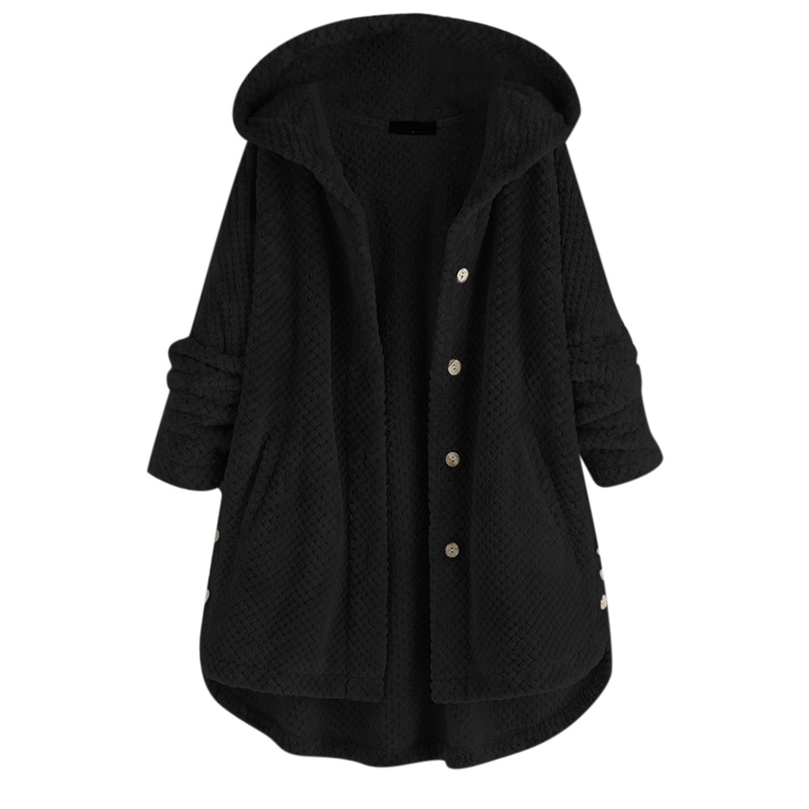 WEIYLL Womens Fleece Jacket Pocket Irregular Long Hooded Button Sleeve Plus Size Black Cold Weather Tops Size 5XL