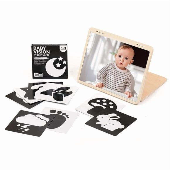 Miroir de Sol pour Bébé avec Cartes à Fort Contraste, Miroir en Bois Réglable à 75° pour le Temps sur le Ventre, Jouet Miroir Sécuritaire pour Nourrisson pour le Développement Visuel, Miroir Sensoriel pour Nouveau-Né