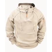 aohooy Mens Cargo Hoodie Long Sleeve Quarter Zip Pullover Fleece Tactical Jacket Sweatshirt Vintage Workout Hoodies Khaki,L