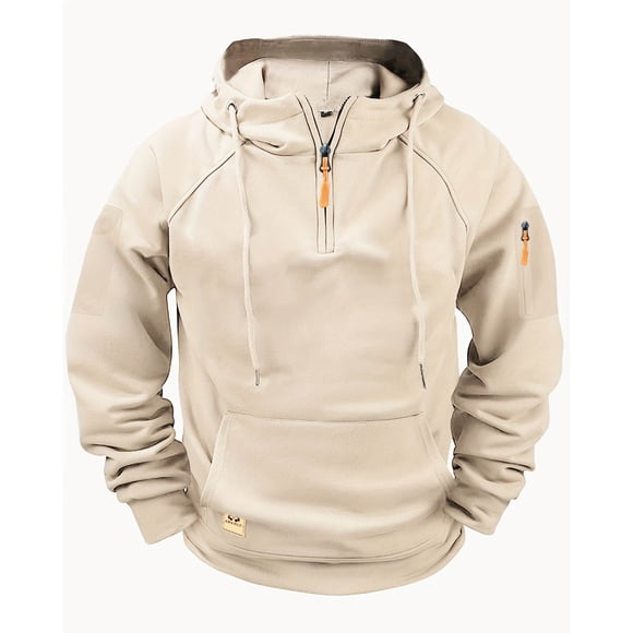 aohooy Mens Cargo Hoodie Long Sleeve Quarter Zip Pullover Fleece Tactical Jacket Sweatshirt Vintage Workout Hoodies Khaki,L
