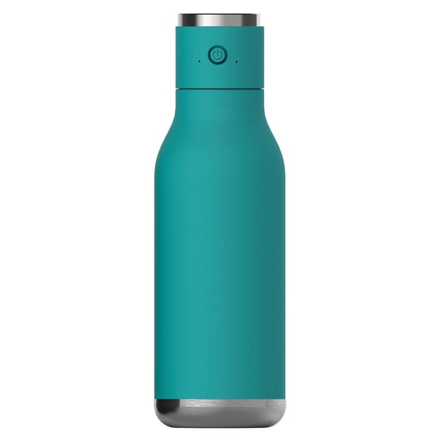 Asobu Wireless Speaker Bottle in teal with stainless steel base and lid, featuring a power button on the lid that contains an IPX4 waterproof wireless Bluetooth speaker, double-wall vacuum insulated to keep drinks hot or cold, suitable for outdoor use and hands-free music.