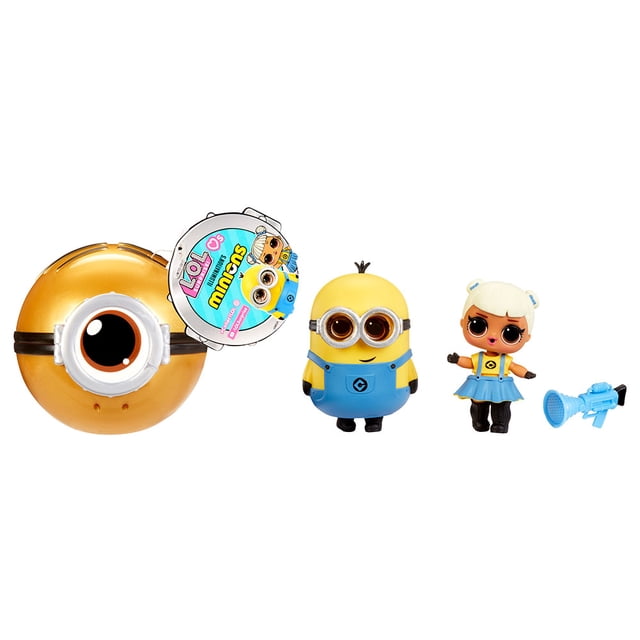 L.O.L. Surprise! Loves Minions Tots set with a yellow Minion eye ball, a Minion doll in blue overalls and goggles, a doll in a blue skirt and yellow top with black boots, and a blue toy megaphone accessory, suitable for collectible doll play.