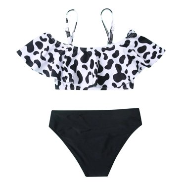 Big Kid Maillot de Bain Fille 7 Swimsuit Tout-Petit Bébé Fille Imprimé Vache Bretelles Couleur Unie Shorts Été 2 Pcs Swimsuit Vêtements Filles (Noir, 13-14 Ans)