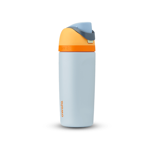 Owala Stainless Steel FreeSip 16oz Blue travel mug with a light blue stainless steel body, bright orange lid base, and gray and light blue patented FreeSip spout featuring a built-in straw for sipping or swigging, triple-layer insulation, and leak-proof lid, suitable for on-the-go beverage storage.