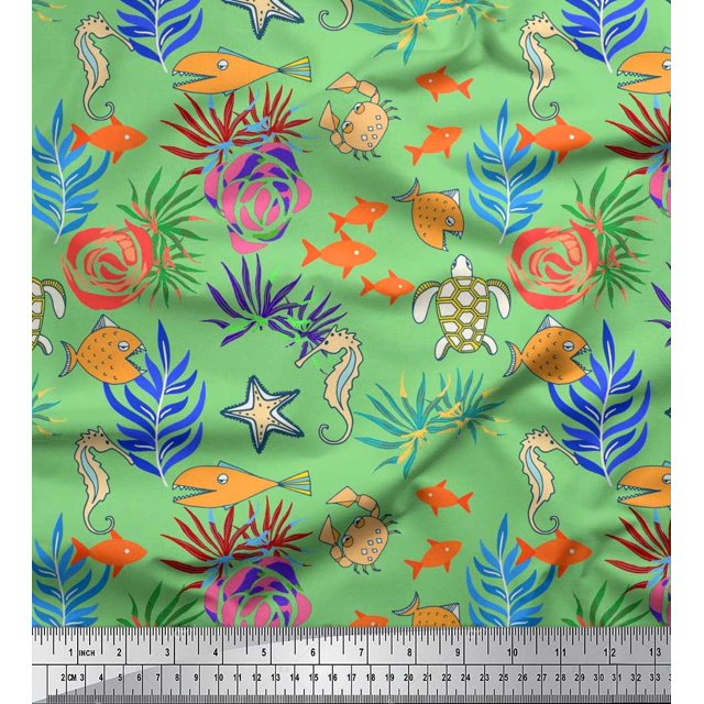 Soimoi Cotton Cambric Fabric Coral,Fish & Sea Turtle Ocean Print Fabric by Yard 56 Inch Wide