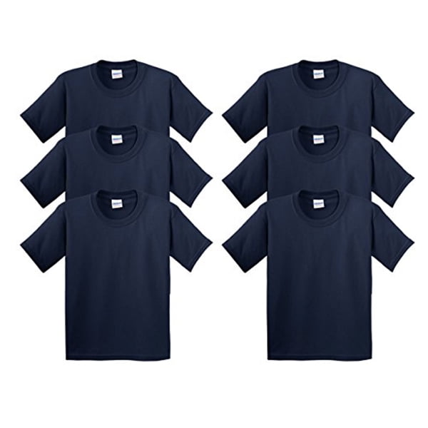 Gildan Men's Heavy Cotton T-Shirt - 5000 (Pack Of 6) featuring 100% cotton fabric, seamless double-needle 7/8 collar, double-needle sleeves and hem, and taped neck and shoulders. Displayed in a set of six navy-coloured t-shirts arranged in two rows against a white background.
