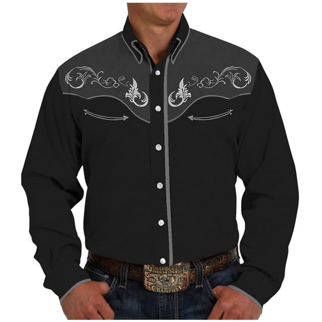Chemise Décontractée pour Homme à Manches Longues, Coupe Ajustée, Style Western Cowboy, Brodée, Boutonnée, avec Poches avant