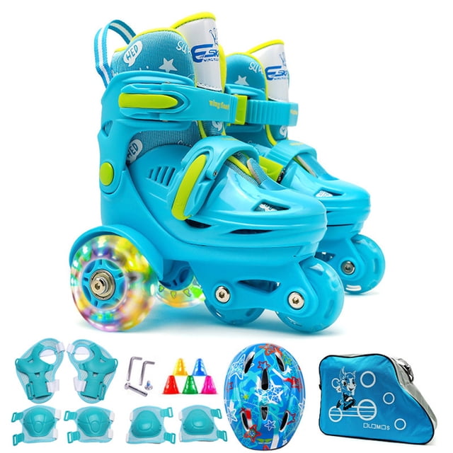 Kids Rollerblades Beginner Set with Flashing Wheels - Light Blue Skates, Protective Gear, Backpack & Roadblocks for Sizes 27-30 (Small)