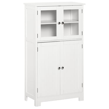 kleankin Bathroom Storage Cabinet with Tempered Glass Doors and Adjustable Shelf, Small Floor Kitchen Cupboard, Free Standing Organizer for Living Room Entryway, White