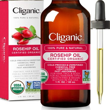 Cliganic Huile de Graines de Rose Musquée Biologique USDA pour le Visage, 100 % Pure / Naturelle Pressée à Froid Non Raffinée non-OGM / Huile Porteuse pour la Peau, les Cheveux et les Ongles