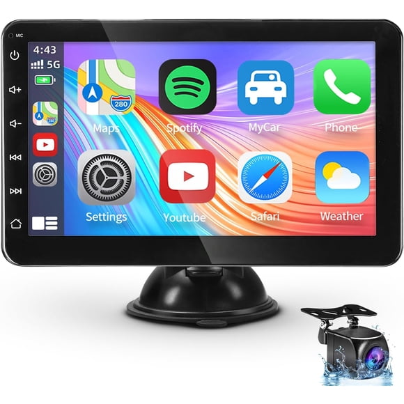 Wireless 7” Car Stereo, Portable Touchscreen Apple CarPlay & Android Auto, Car Audio Receiver with Backup Camera, Bluetooth