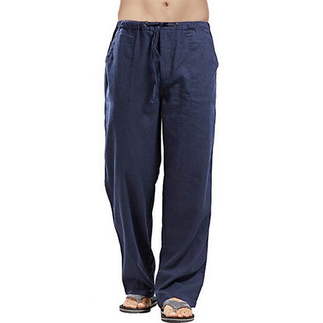MAWCLOS Mens Pants Drawstring Trousers Solid Color Bottoms Leisure Summer Elastic Waist Loungewear Blue XL