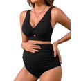 thumbnail image 1 of Charmo V Neck Maternity Swimsuits Ribbed Twist Front Bikini Sets High Waist Pregnancy Bathing Suits for Womens, 1 of 6