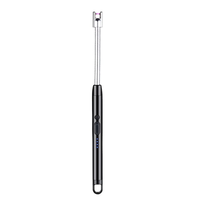 axGear USB Rechargeable Lighter Electric Windproof Candle Lighter BBQ Arc Long Neck. A black electric lighter with a 360° rotatable long neck and double arc design for reliable ignition. Includes a child-proof switch, LED battery indicator, and USB rechargeable feature. Suitable for candles, BBQ grills, and outdoor use.