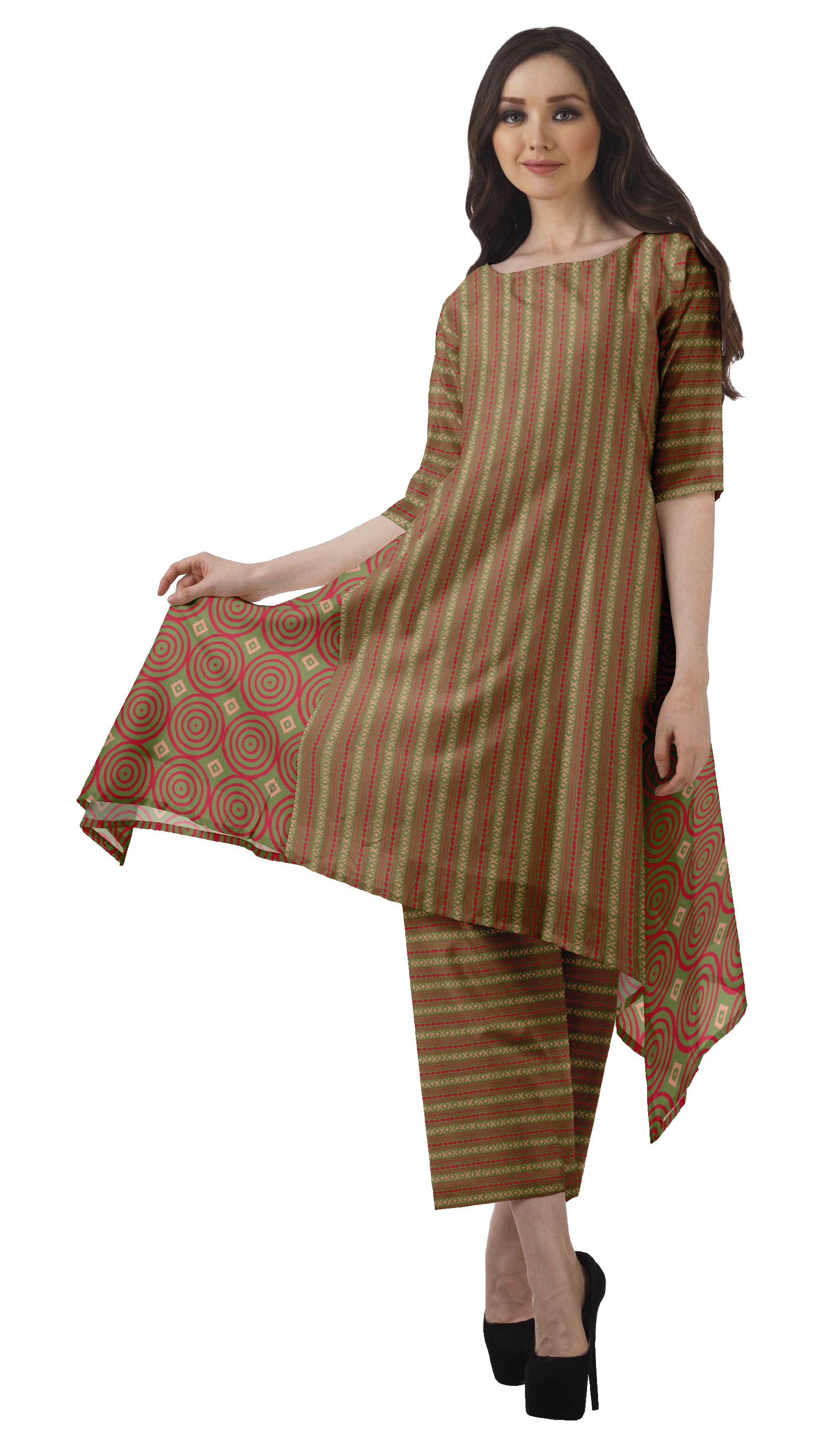 Moomaya Ensemble Kurti Asymétrique Imprimé pour Femme Grande Taille, Chanderi en Coton, 1 Unité