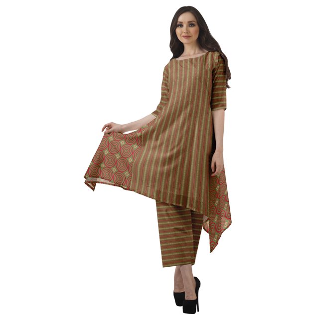 Moomaya Ensemble Kurti Kurta Pantalon pour Femmes Col Bateau Imprimé Robe 2 Pcs Tenue Ethnique