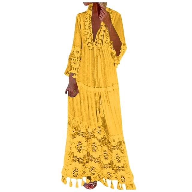 FhsagQ Paréo pour Femmes Grande Taille à Armatures Femmes Mode Uni Dentelle Patchwork à Franges Robe à Manches Longues Robe de Plage Vacances Femmes Paréo Résille Combinaison Paréo pour Femmes Ensemble Mignon Jaune TG