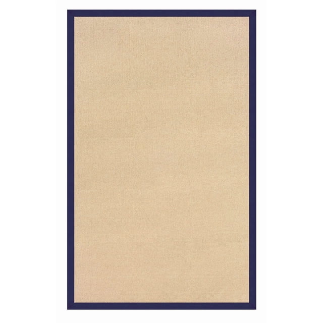 Athena Natural & Blue 5' x 8' Area Rug with a natural wool center and hand-finished blue cotton binding border, tufted with mitered corners, ideal for small living areas or bedrooms and suitable for layering with other rugs.