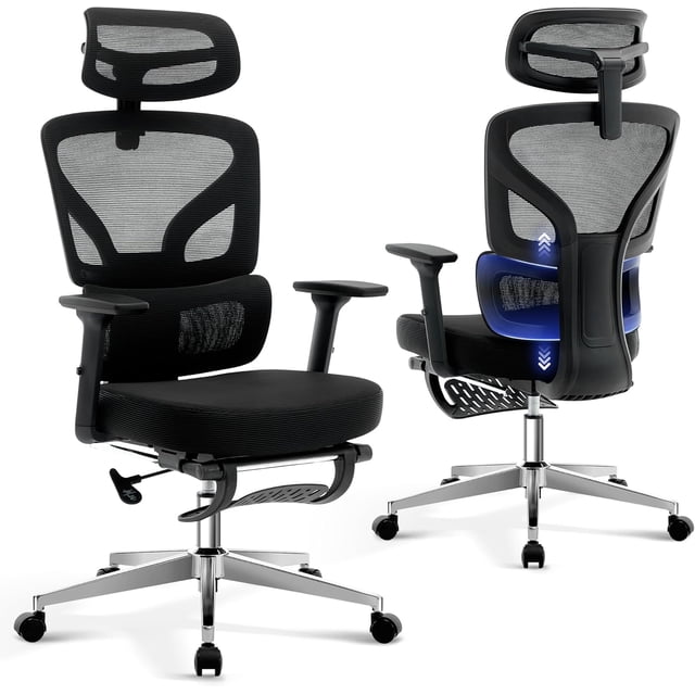 Ergonomic Office Chair with Adjustable Footrest, High-Back Mesh Desk Chair with Lumbar Support, Headrest & 3D Armrests, Rolling Swivel Computer Chair for Home & Office, Black