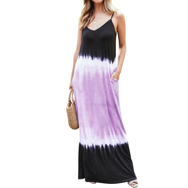 Robe Maxi à Bretelles Sans Manches à Col en V Dégradé Colorblock pour Femmes