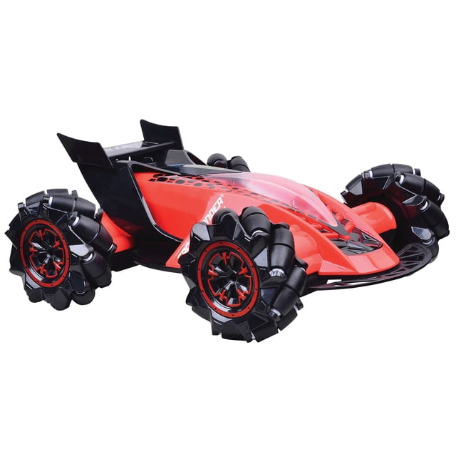 Crosslander® Fire - Rechargeable Radio Controlled Car with water smoke, lights, and sounds, featuring a sleek red and black design with oversized wheels. This RC car offers two control modes: a remote control and a motion control bracelet with a built-in sensor for intuitive hand movements. It includes a demo mode with three melodies, water smoke effects, and vibrant lighting. The car is powered by a rechargeable battery with a 20-minute runtime, while the wrist control lasts up to 8 hours. USB charging cables are included. The car operates on a 2.4 GHz frequency with a transmission range of 15 meters for motion control and 25 meters for the remote.