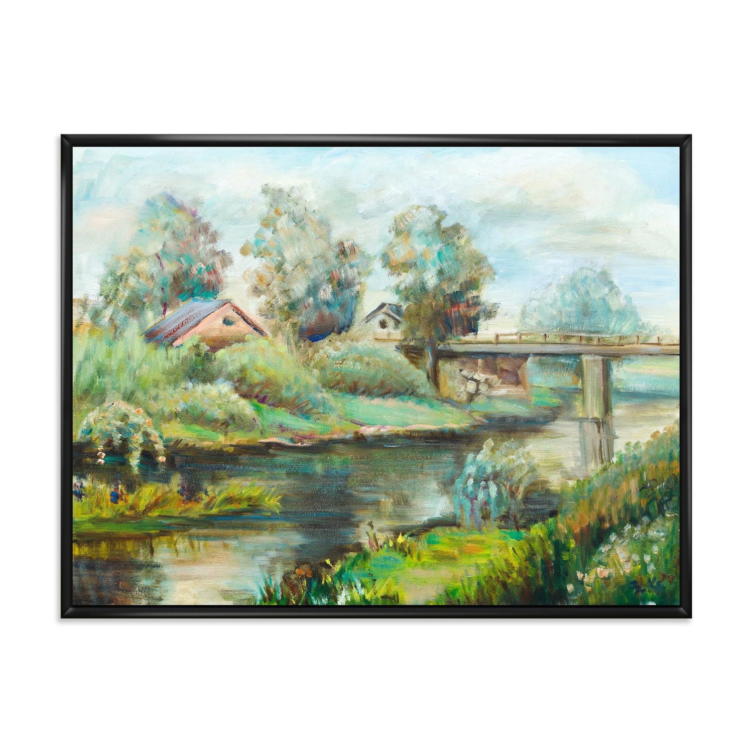 Designart Bridge On The River In Rustic Landscape FLOAT FRAME WALL ART