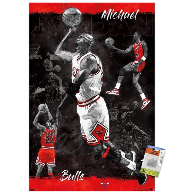 Michael Jordan - Sketch Wall Poster, 22.375" x 34" framed featuring multiple sketches of Michael Jordan in Chicago Bulls uniform performing basketball moves like dunking and shooting, set on a red and black background with Bulls logo and bold text, suitable for sports-themed wall decor.